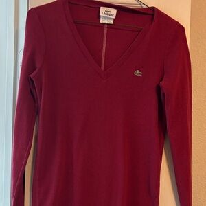 Lacoste Women's Deep Red Long Sleeve V-Neck Tee